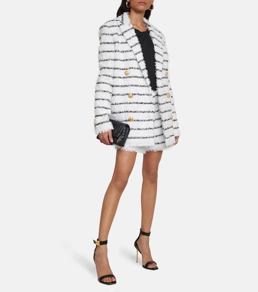BALMAIN High Waist Button Accent Striped Tweed Shorts In White
