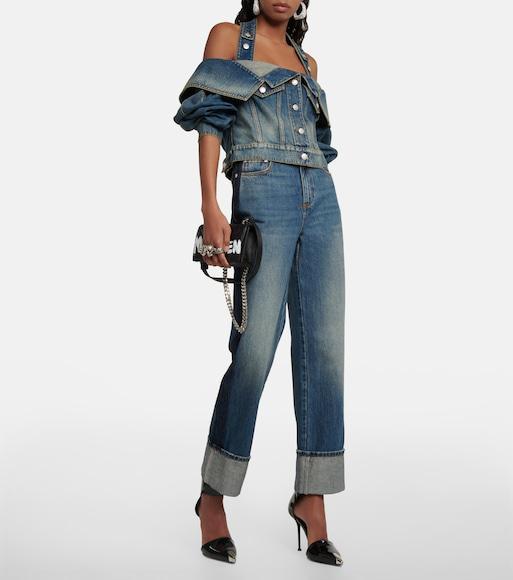 ALEXANDER MCQUEEN Off-the-shoulder Cropped Denim Jacket In Blue