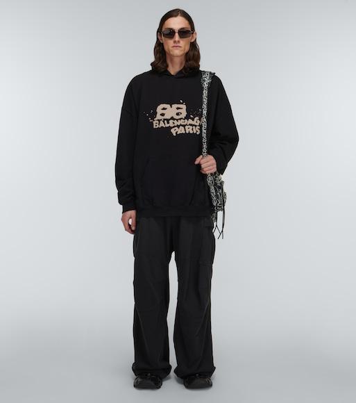 BALENCIAGA Dirty Oversize Bb Logo Cotton Hoodie In Ecru Black