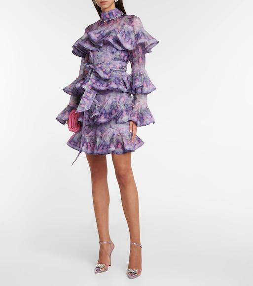 ZIMMERMANN Celestial Printed Silk And Linen Minidress In Violet Kaleidoscope
