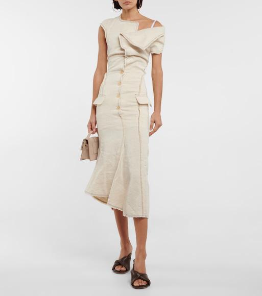 JACQUEMUS Camargue Asymmetric Linen And Silk-blend Maxi Dress In Light Beige