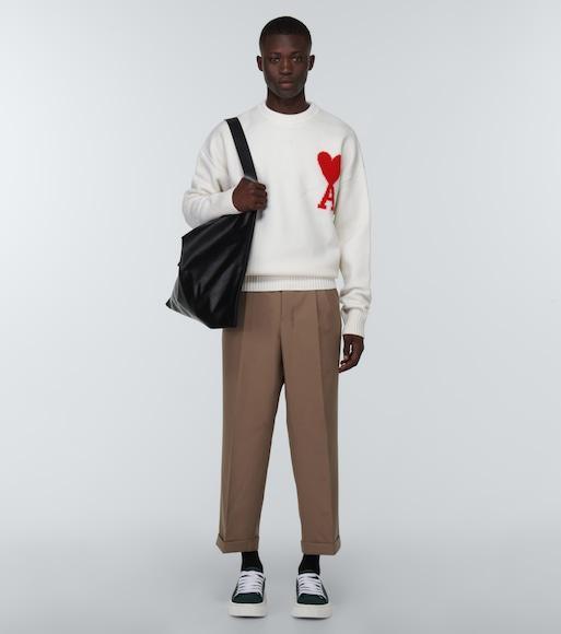 AMI ALEXANDRE MATTIUSSI Ami Paris Ami Heart Design Wool Sweater In Intarsia Knit In White