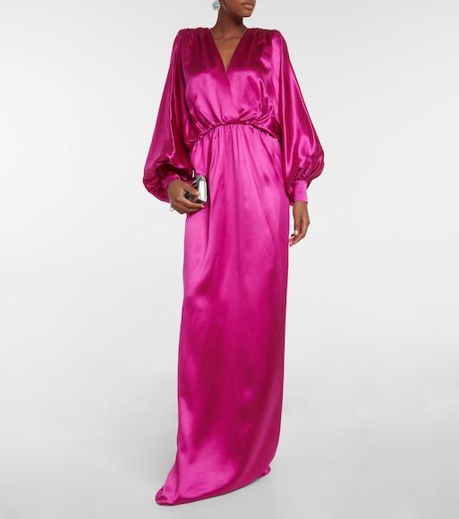 GUCCI Wrap-front Balloon-sleeve Silk-blend Gown In Pink