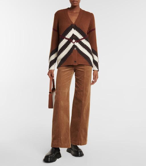 BURBERRY Striped Ribbed Cashmere And Cotton-blend Cardigan In Dark Birch Brown