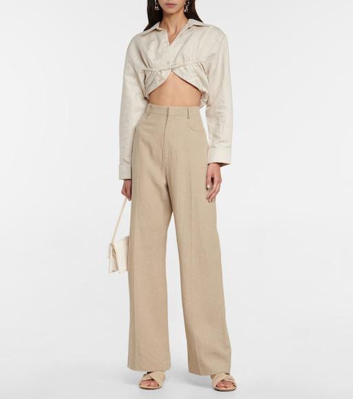JACQUEMUS Baci Cropped Underwired Cotton And Linen-blend Shirt In Beige