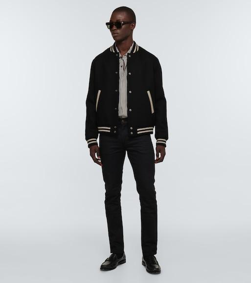 SAINT LAURENT Teddy Logo Patch Wool Blend Bomber Jacket In Noir