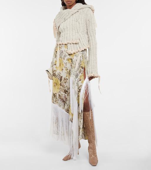 ACNE STUDIOS Floral-print Asymmetric Fringed Skirt In Beige