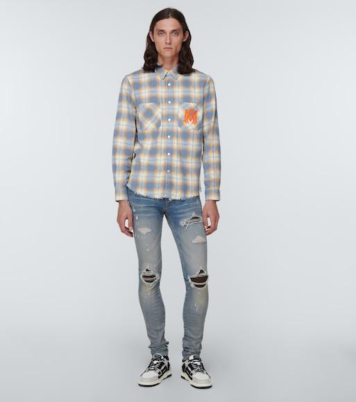 AMIRI Mx1' Ribbed Leather Knee Patch Ripped Washed Skinny Jeans In Clayindigo