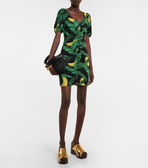 GANNI Printed Drapey Jersey Mini Dress In Black