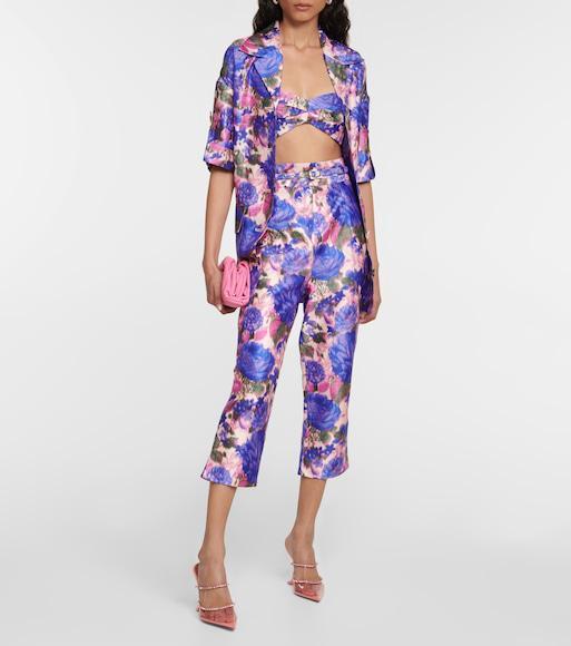 ZIMMERMANN High Tide Floral Silk Halterneck Crop Top In Purple Ikat Floral