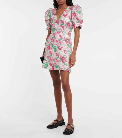 GANNI Multicolor Button Down Mini Dress With 3d Jacquard Floreal Motif In Floral