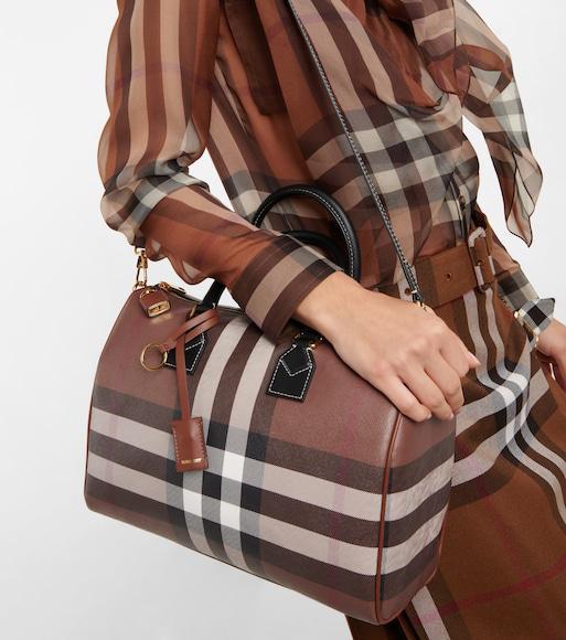 BURBERRY Womens Dark Birch Brown Chk Check-print Mini Woven And Leather Top-handle Bowling Bag