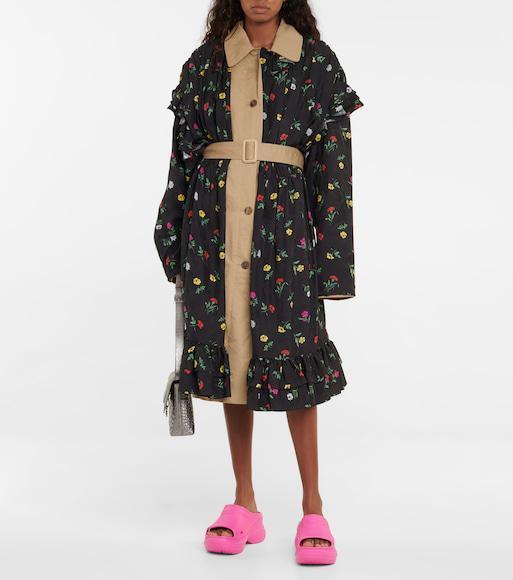BALENCIAGA Reversible Black Flowers Trench Coat In Multi