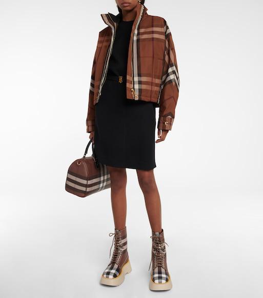 BURBERRY Womens Dark Birch Brown Chk Check-print Mini Woven And Leather Top-handle Bowling Bag