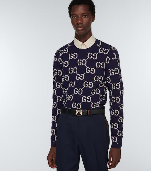 GUCCI Mens Blue Ivory Monogram-intarsia Regular-fit Wool Jumper