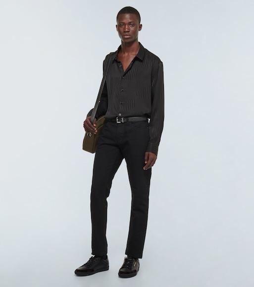 SAINT LAURENT Slim Grained Leather Belt In Black