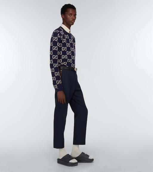 GUCCI Mens Blue Ivory Monogram-intarsia Regular-fit Wool Jumper