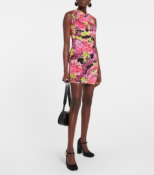 VERSACE Floral-print Jersey Minidress In Magenta