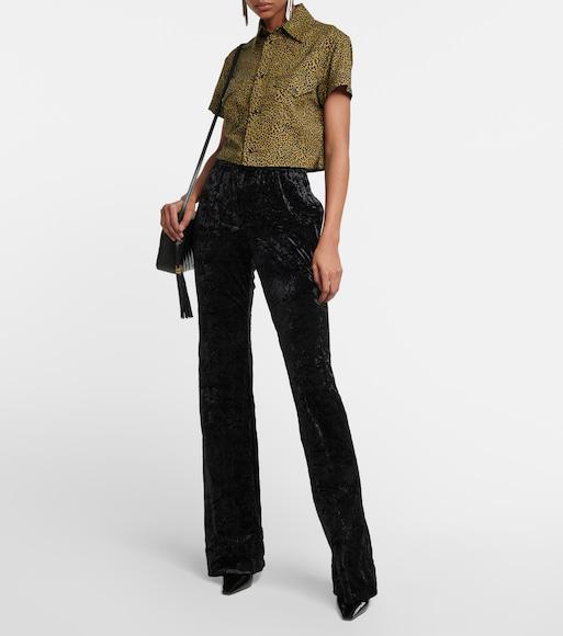 SAINT LAURENT Warped Leopard Print Short Sleeve Crop Snap-up Shirt