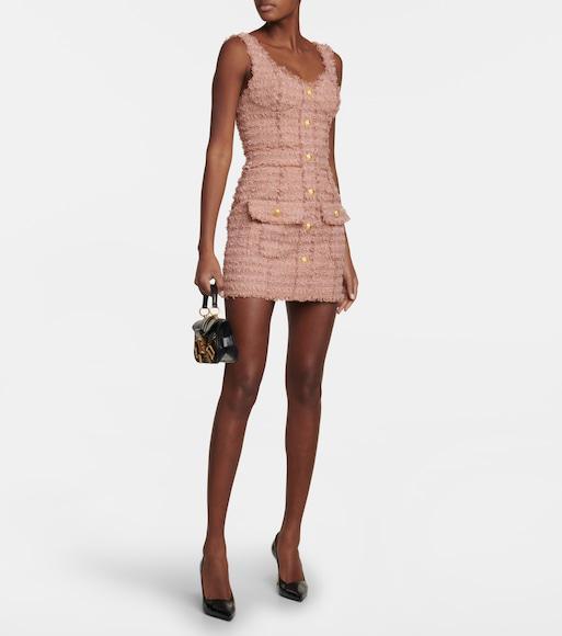 BALMAIN Button-embossed Strapped Tweed Short Dress In Pink