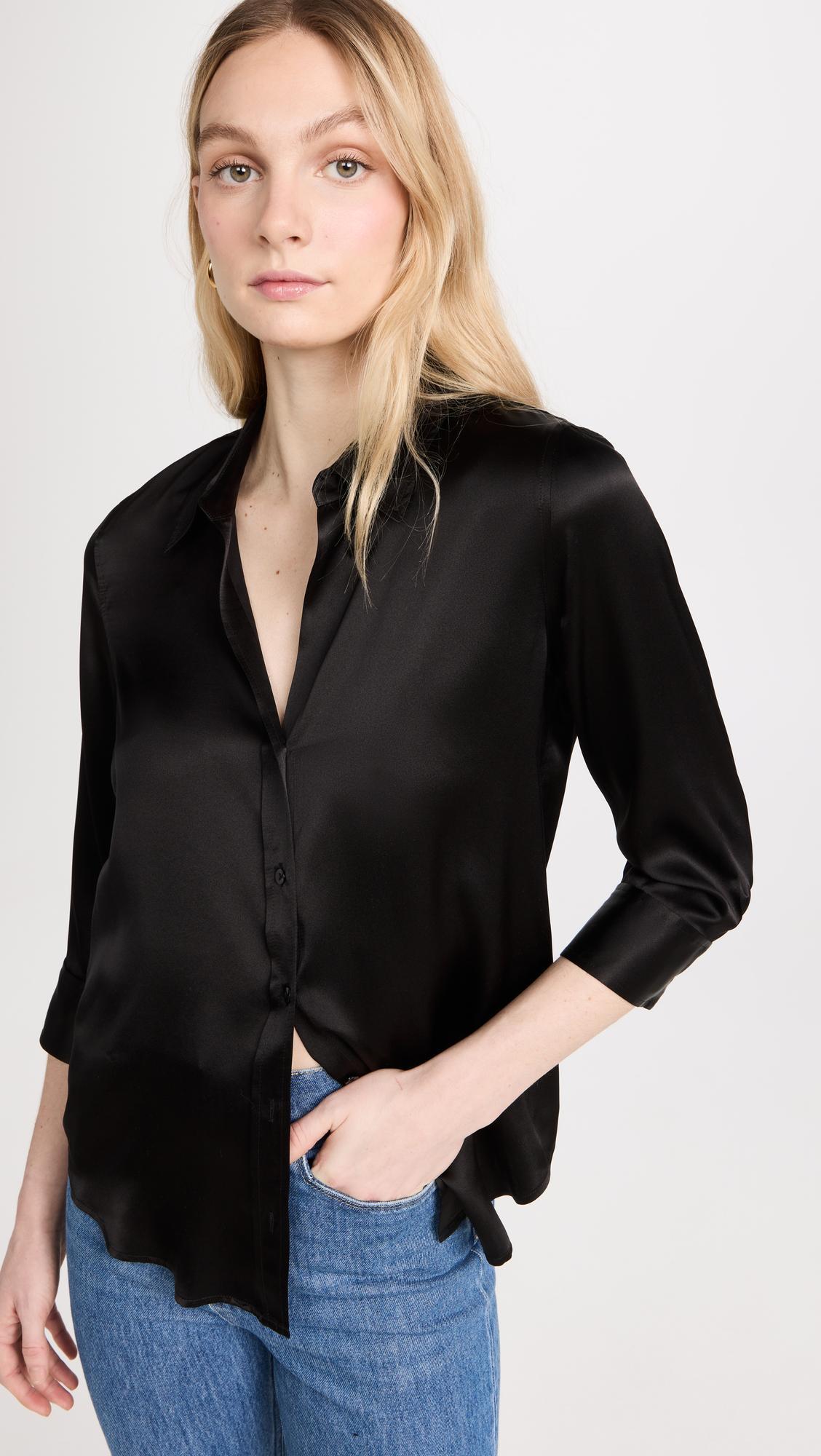 L'AGENCE Aoki Three-quarter Sleeve Silk Blouse In Black