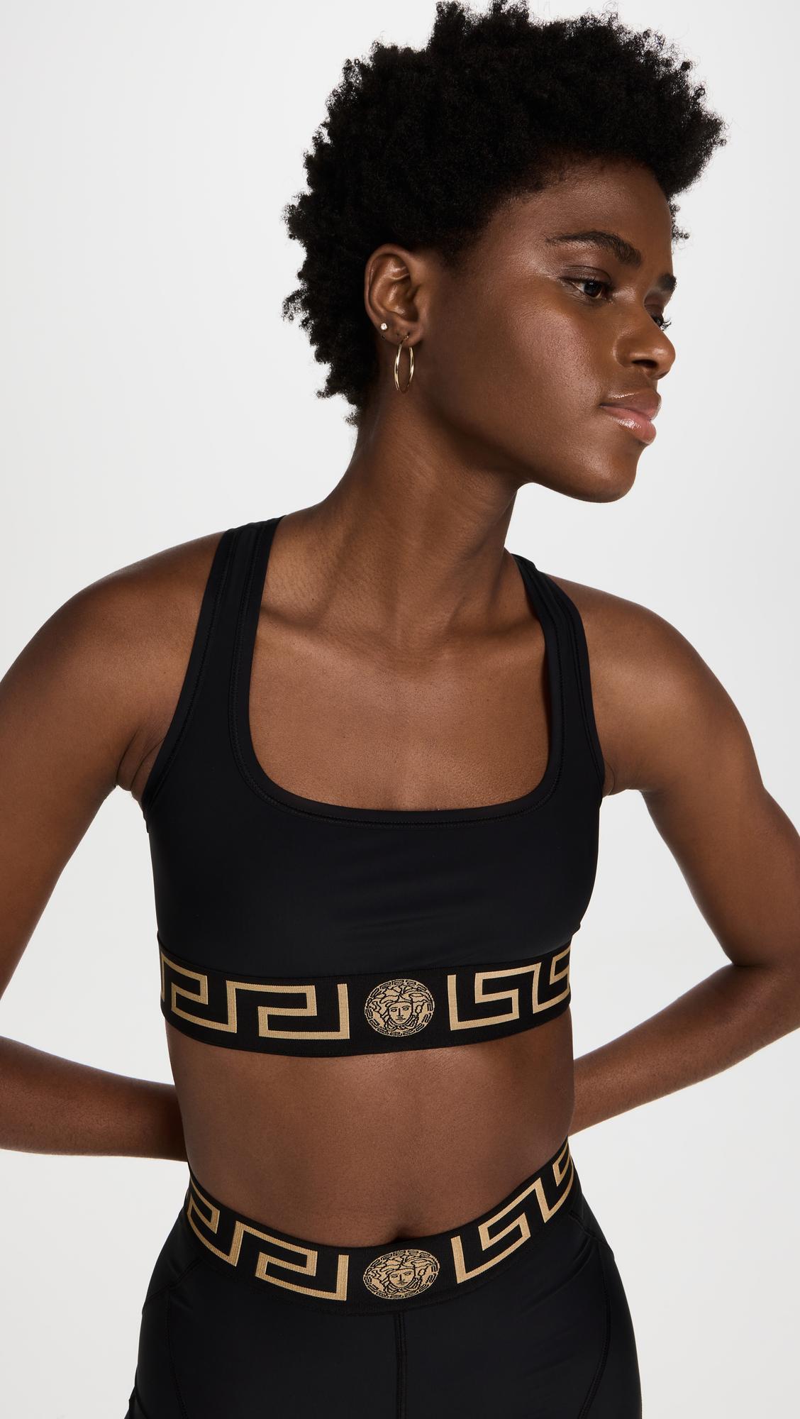 VERSACE Black Sports Bra With Greca And Medusa Detail In Stretch Cotton