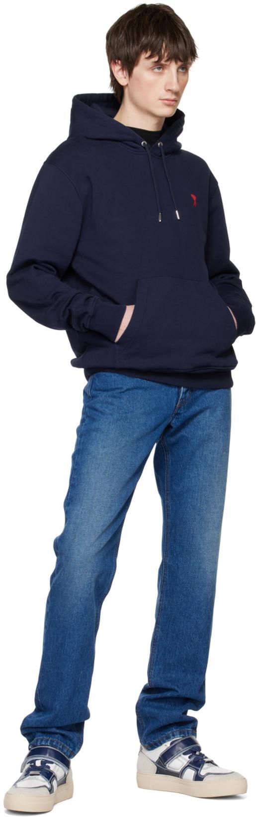 AMI ALEXANDRE MATTIUSSI Ami Navy Blue Cotton Jersey Hoodie With Signature Monogram