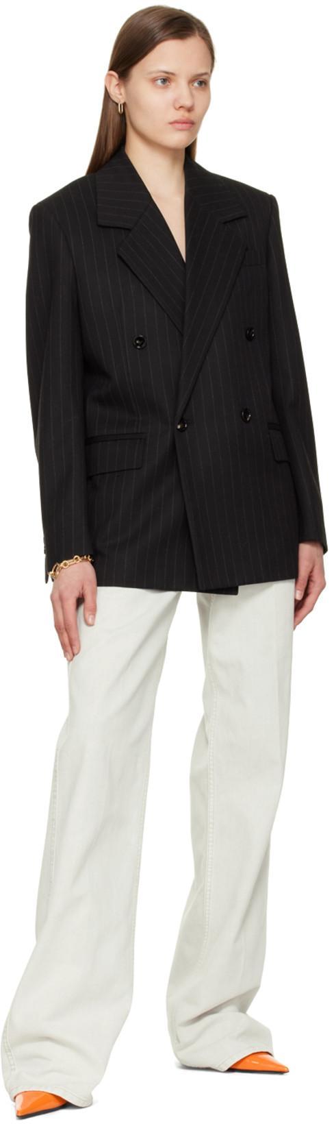 BOTTEGA VENETA Grey Pinstripe Double-breasted Jacket With Wide Revers In Wool Woman In Multicolor