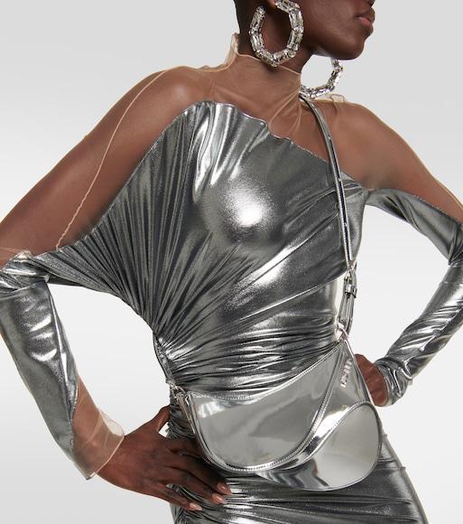MUGLER Silver Impossible Neckline Minidress In B90n1 Chrome Silver