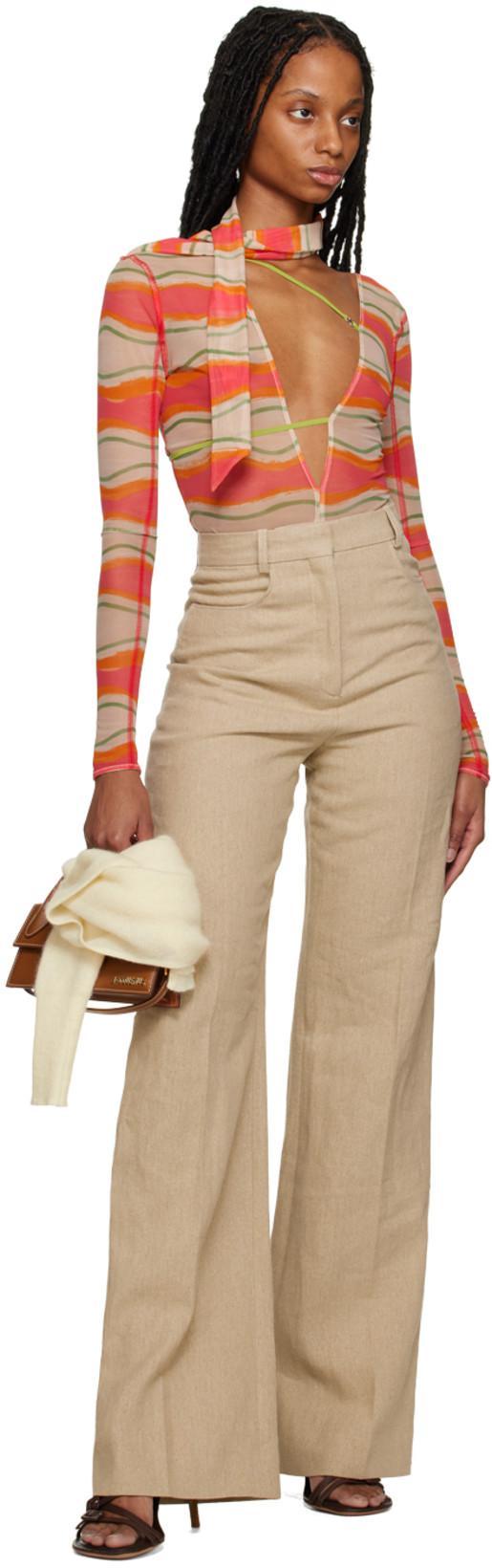 JACQUEMUS Le Body Abanaba Print Asymmetric Strap Thong Bodysuit In Print Pink Waves