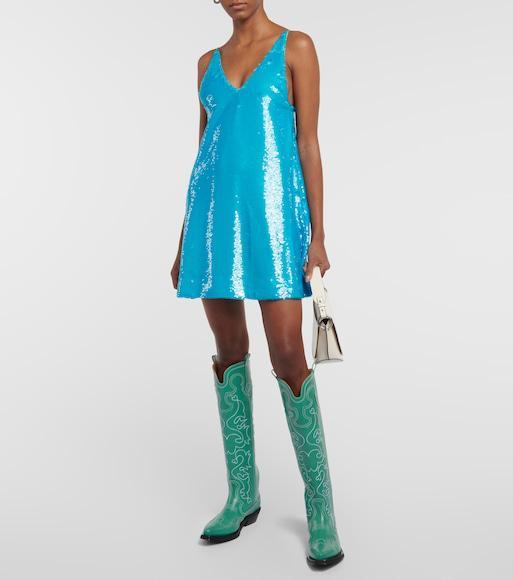 GANNI Sequined Recycled Satin Mini Dress In Blue Curacao