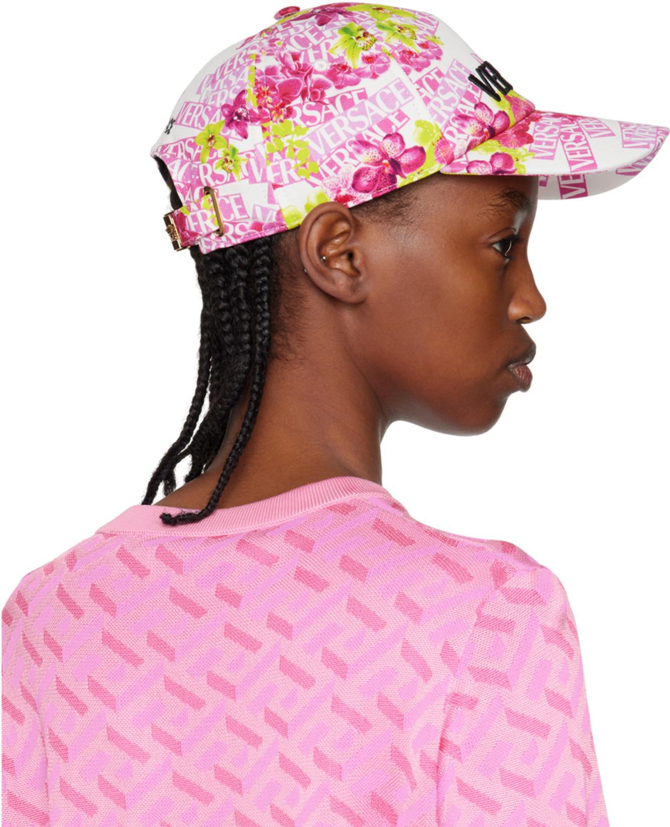 VERSACE Floral-print Embroidered-logo Baseball Cap In White Pink