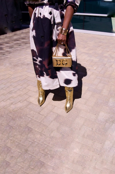 Gold Boots are Made for Walking 👢 | Wearing: Dolce & Gabbana Gold Rhinestones Ankle Boots Socks Women's Shoes; Dolce & Gabbana Woman Knee Boots Gold Size 6.5 Textile Fibers; Stradivarius Knee High Boot In Gold