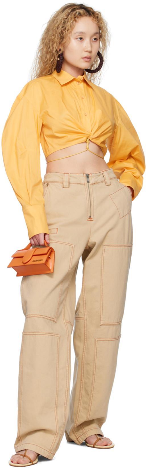 JACQUEMUS Plidao Cropped Embellished Cotton-blend Poplin Shirt In Light Yellow