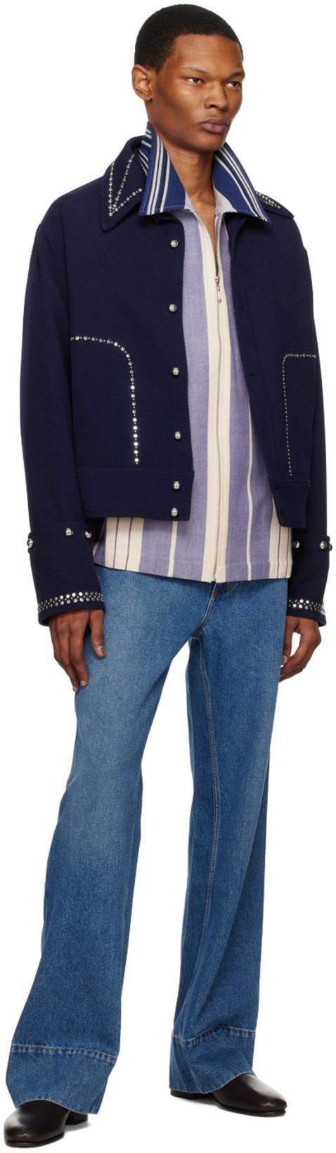 WALES BONNER Atlantic Striped Zipped Jacket In Blue White