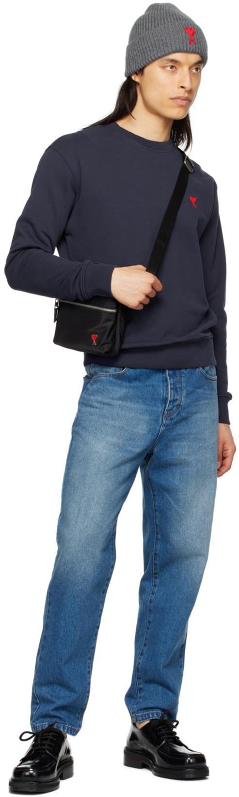 AMI ALEXANDRE MATTIUSSI Ami Straight-leg Denim Jeans With Faded Blue Wash And Leather Accent