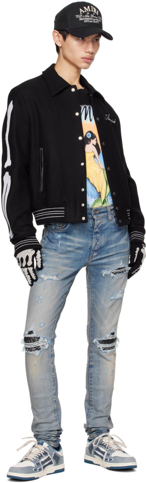 AMIRI Mx1' Ribbed Leather Knee Patch Ripped Washed Skinny Jeans In Clayindigo