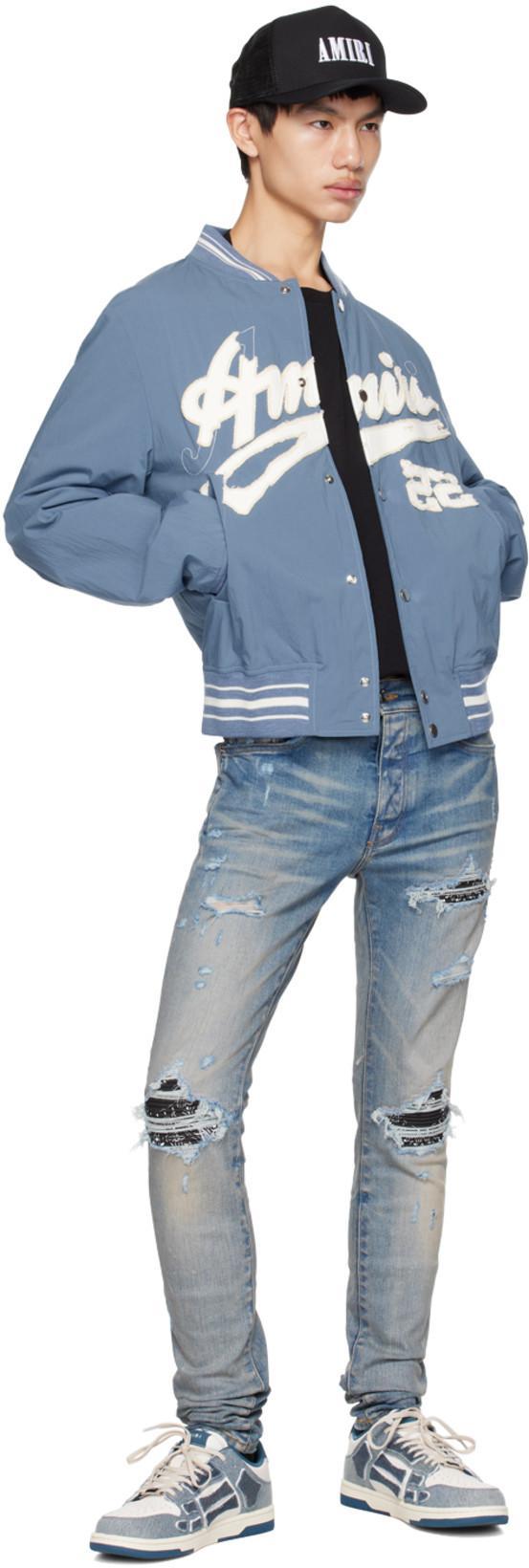 AMIRI Mx1' Ribbed Leather Knee Patch Ripped Washed Skinny Jeans In Clayindigo