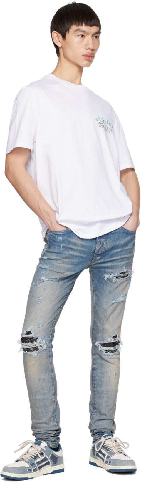 AMIRI Mx1' Ribbed Leather Knee Patch Ripped Washed Skinny Jeans In Clayindigo