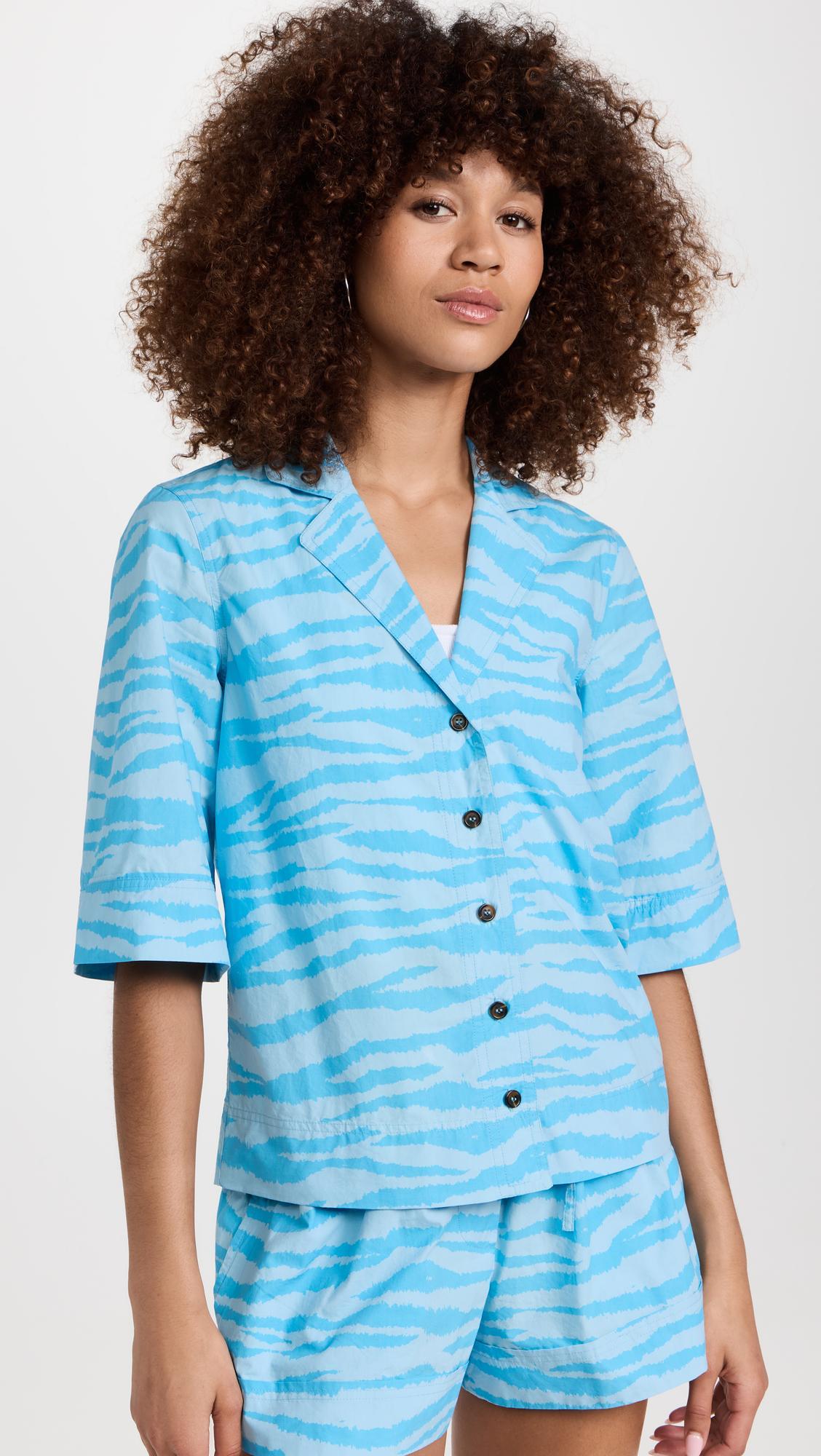 GANNI Printed Cotton Shirt Ethereal Blue