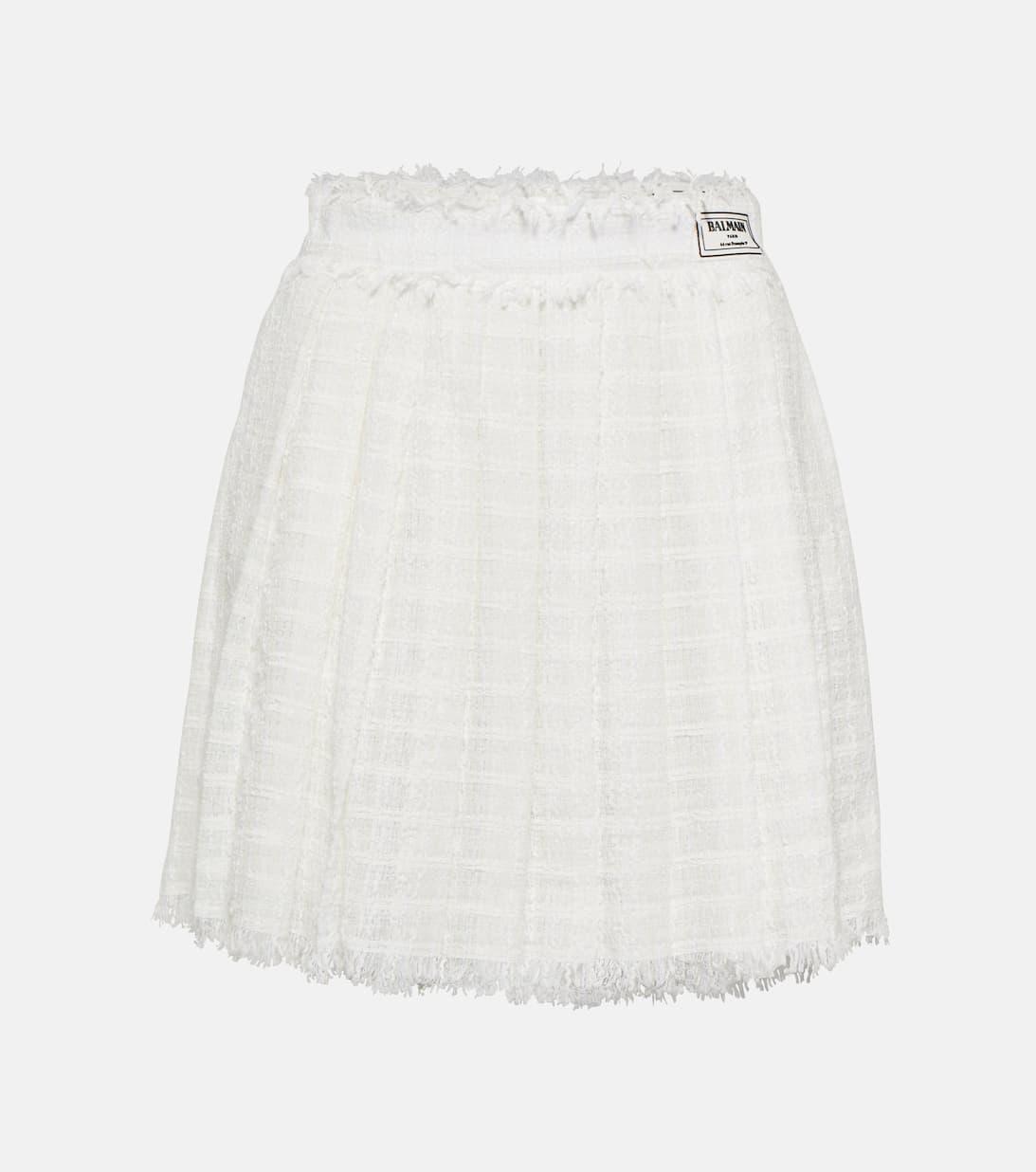 BALMAIN Tweed High-waisted Pleated Mini Skirt In White