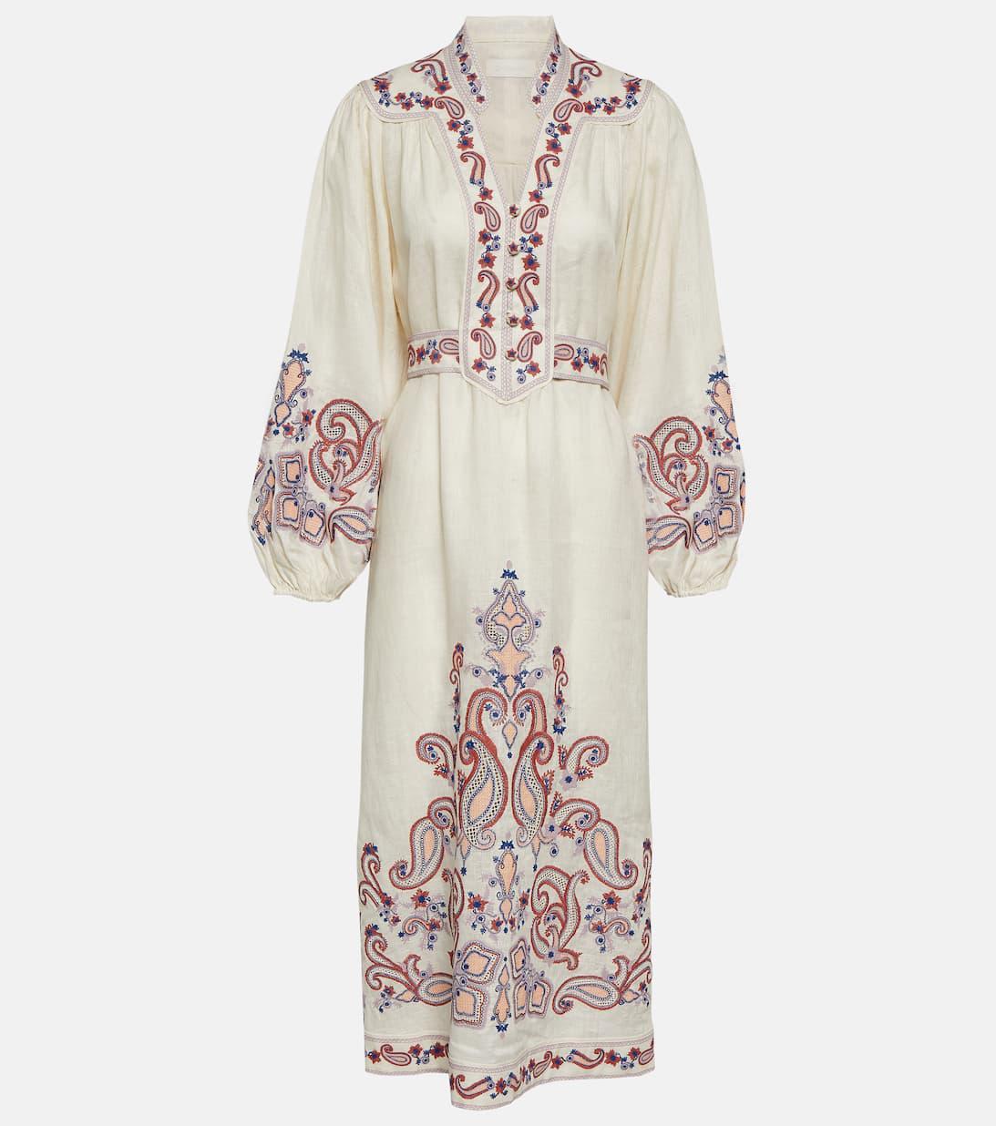 ZIMMERMANN Devi Embroidered Long Sleeve Wrap Linen Midi Dress In Multi