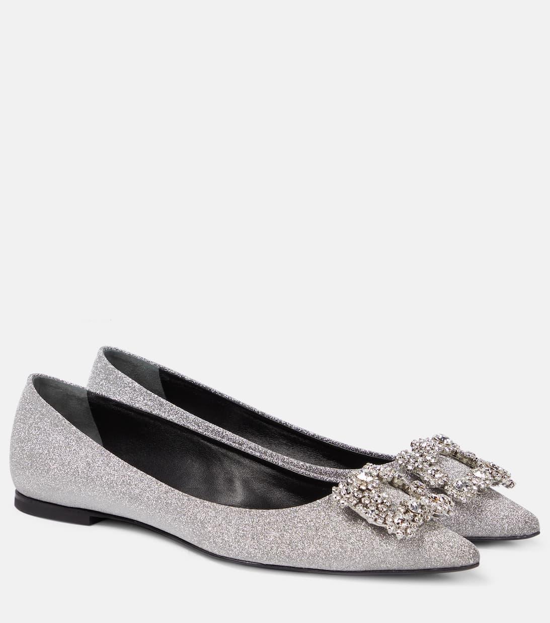 ROGER VIVIER Flower Strass Glitter Ballet Flats In Silver
