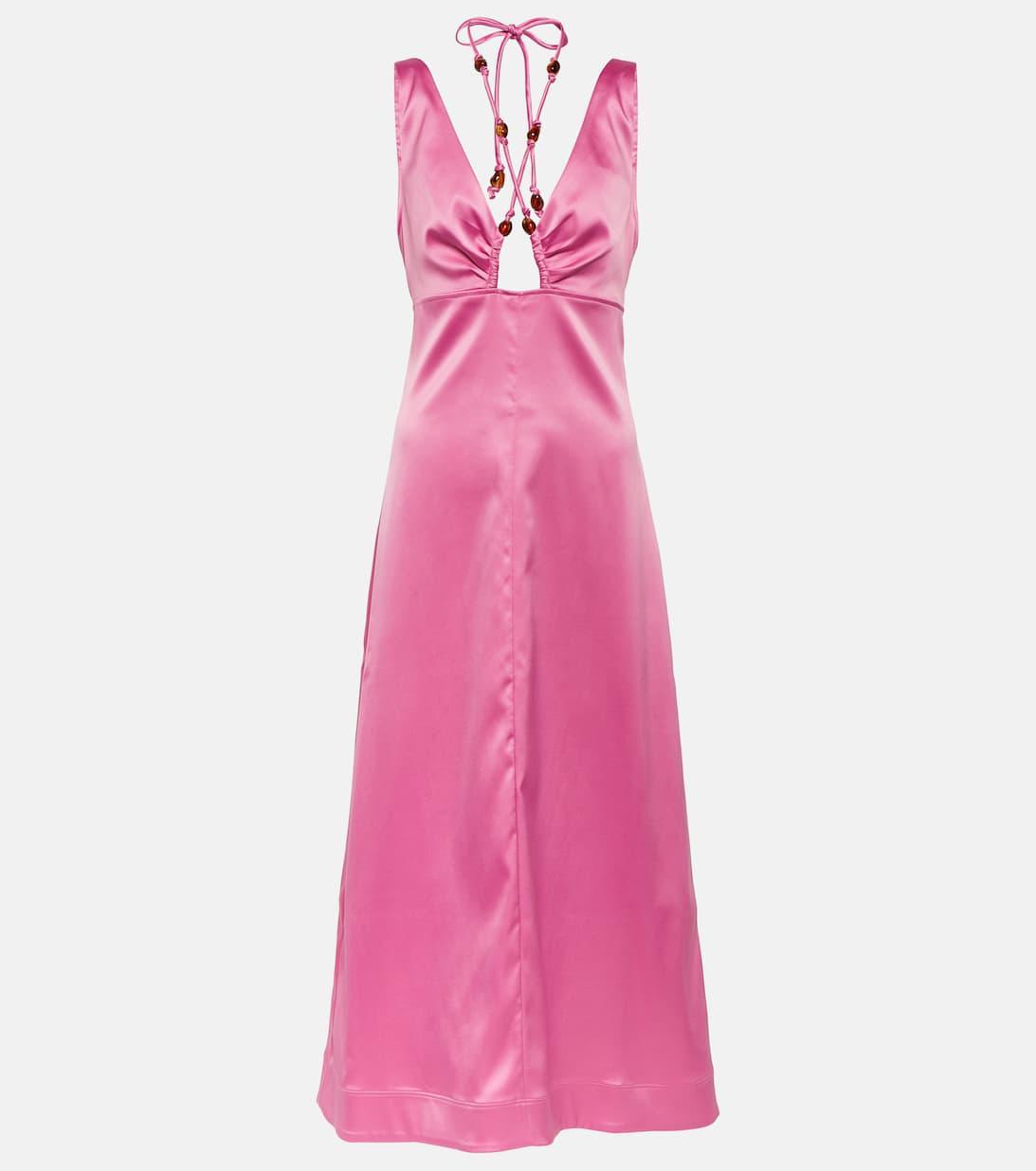 GANNI Double Satin Beaded Stretch Recycled-polyester Midi Dress In Pink