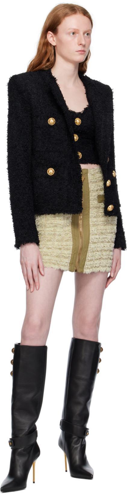 BALMAIN Button Embellished Front Zip Tweed Mini Skirt In Beige
