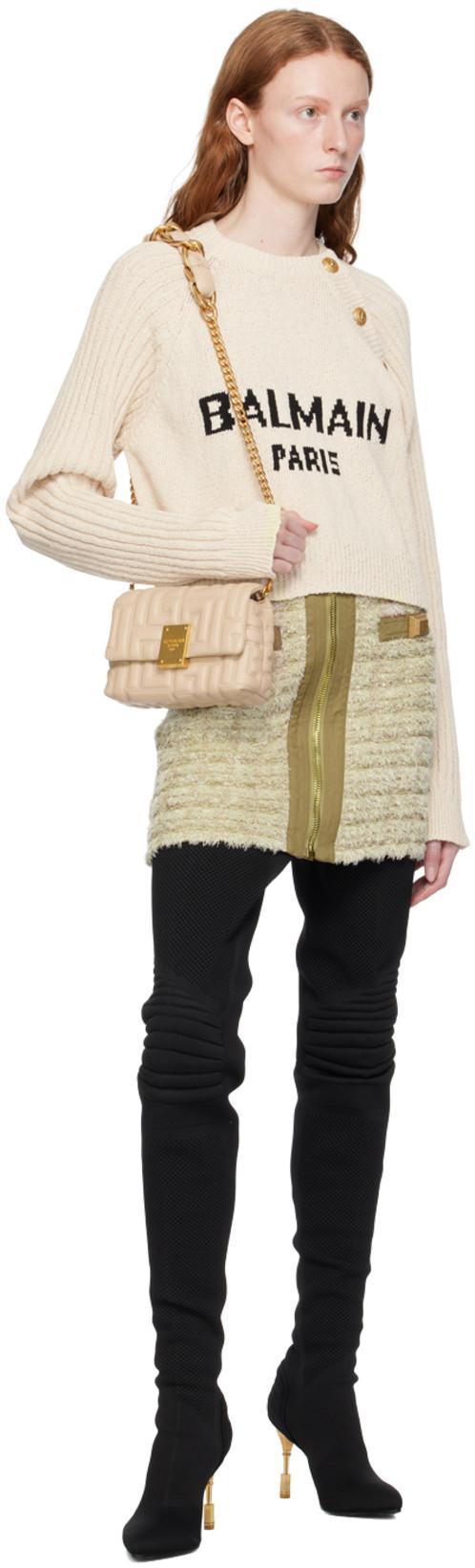 BALMAIN Button Embellished Front Zip Tweed Mini Skirt In Beige