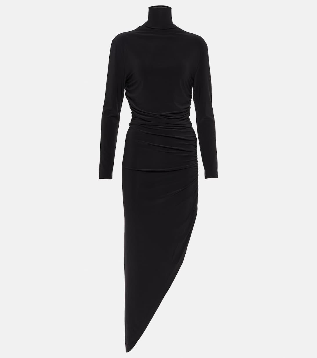 NORMA KAMALI Long Sleeve Shoulder Pad V Neck Side Drape Gown In Black