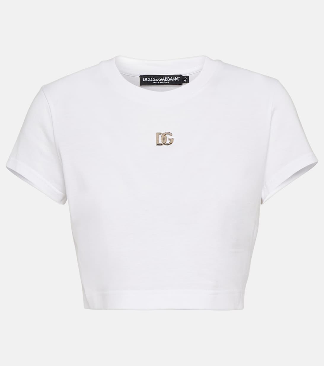 DOLCE & GABBANA Logo-plaque Cotton Cropped T-shirt In Optical White
