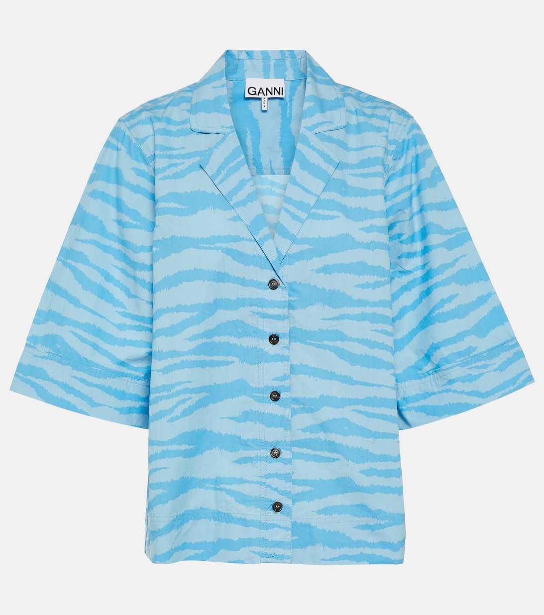 GANNI Printed Cotton Shirt Ethereal Blue