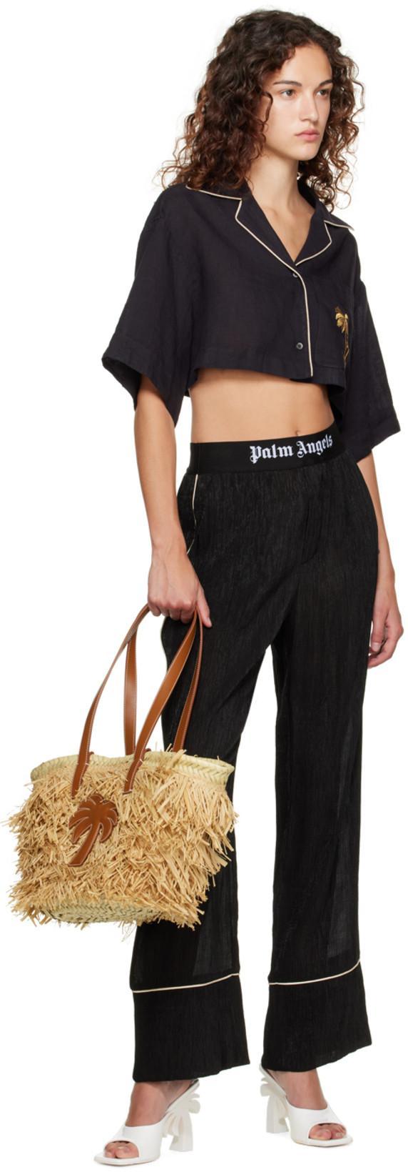 PALM ANGELS Palm Embroidered Cropped Bowling Shirt In Black
